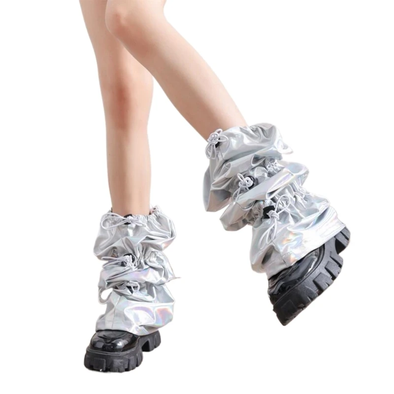 Frauen Harajuku Punk Holographische Bein Wärmer Kordelzug Knie Länge Bein Abdeckung Socke – Detail 2