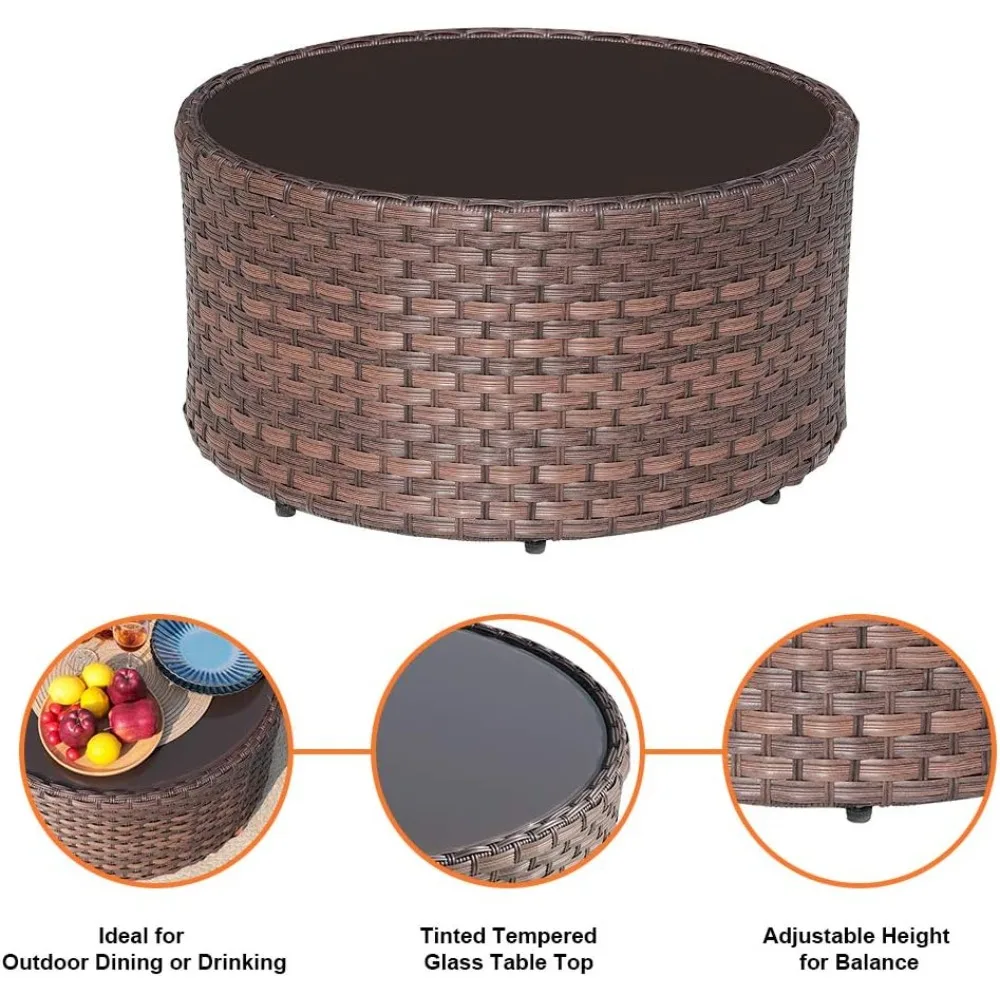 Tavolino da caffè rotondo da esterno con piano in vetro temperato, tavolino da patio in vimini e resina PE in rattan, marrone
