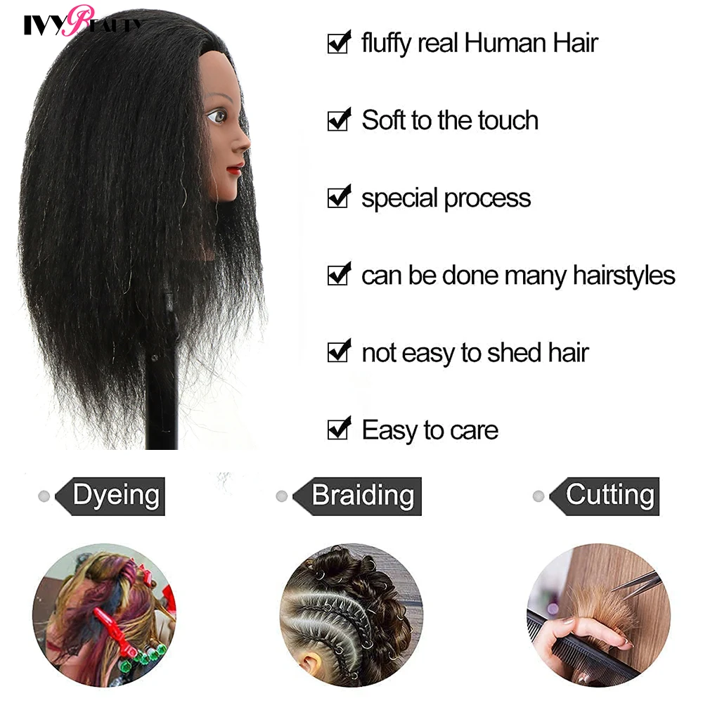 Women African Mannequin Head With Real Hair For Styling Braiding Professional Afro Training Hairdressing Hairart Wigs Head Stand