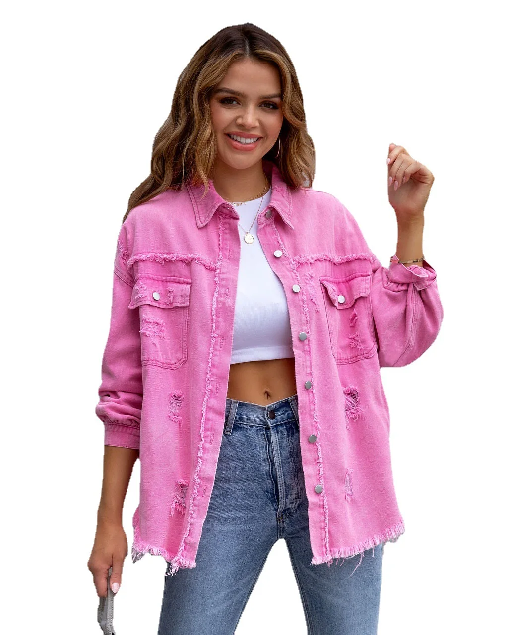 Damen Fransen Color Single-Breasted Waed Denim irt Long Sve Pure Color ort Oberbekleidung Herbstsaison Faion Damen