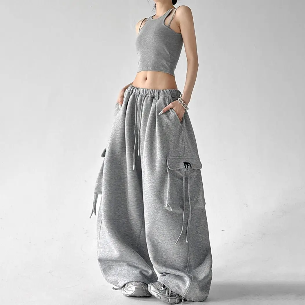 American Hip-hop Cargo Tooling Sweatpants Big Pocket Streamer Wide Leg Pants Women Baggy Pants