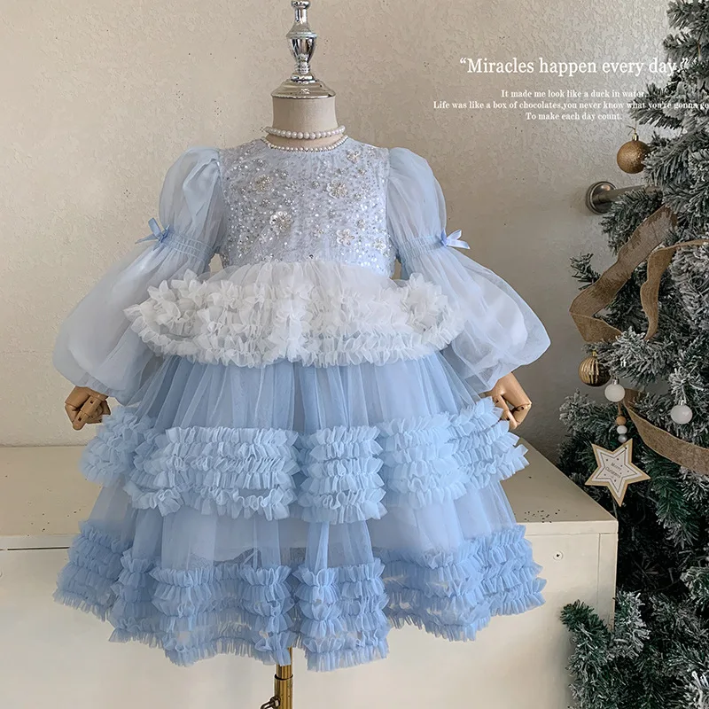 Kids Girls Dress Spring Autumn New 3 4 5 6 8 10 Years Children Princess Layered Ball Gown Kids Long Sleeve Sequins Birthday Gift