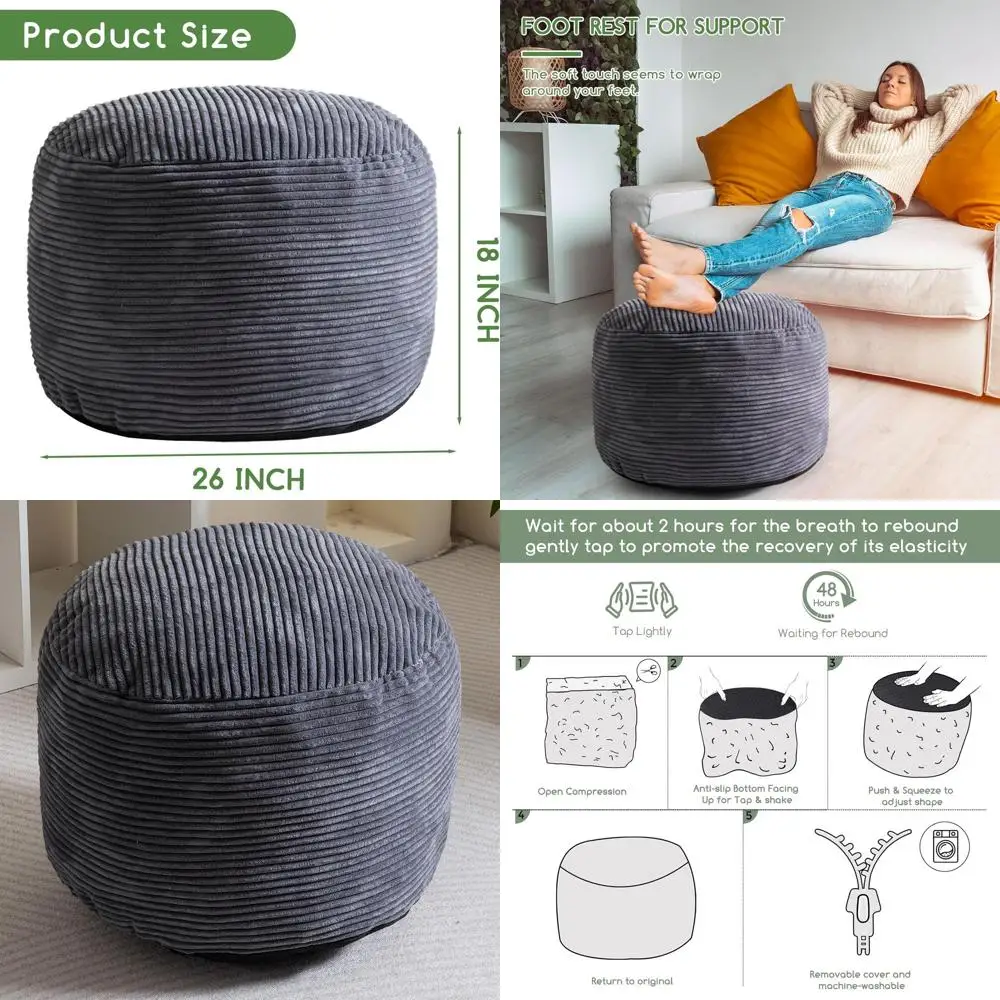 

Круглый пуф с плюшевым наполнителем, из вельветовой ткани, с функцией хранения, идеально подходит для гостиной, серого цвета.
