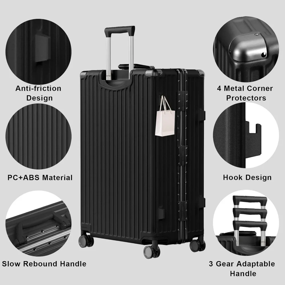 Aluminum Frame Carry-On and Checked Luggage Set - PC ABS Hard Shell TSA Lock No Zipper, Black, 20/28 Inch Travel Suitcases