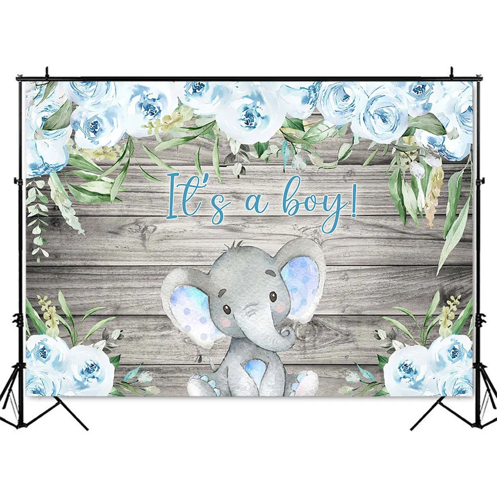 It's a boy Elephant Backdrop for Baby Shower Theme Party Background Blue Flowers Grey Wood Photo Background Newborn Kids Child