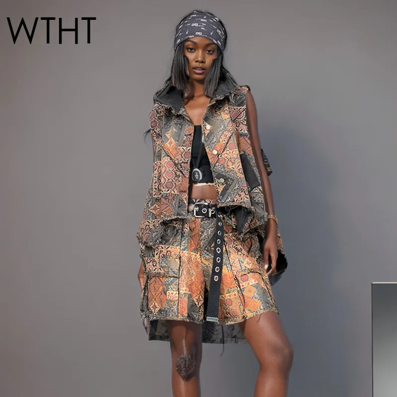 

WTHT Fashion 2025 Summer Women Irregular Print Lapel Spliced Denim Vest Vintage Burr Edge High-waisted Short Jean Female 1LS1807