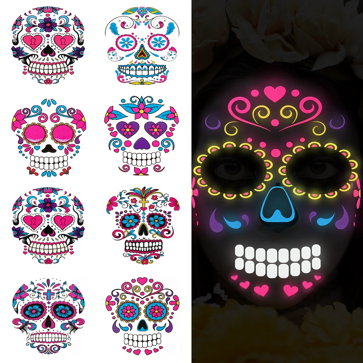 

Luminous Skull Face Tattoo Sticker Halloween Day of the Dead Scar Tattoo Sticker Girls Face Dress UP Happy Halloween Party Decor