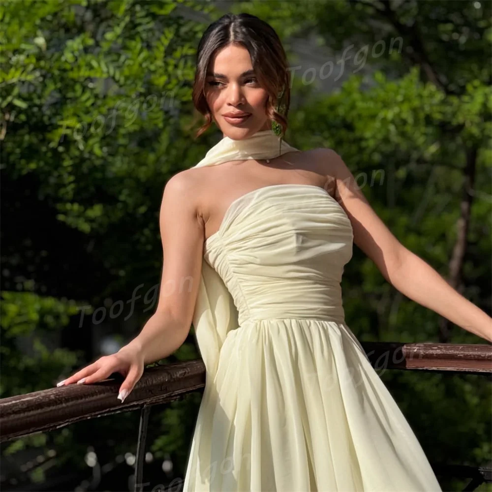 فساتين سهرة من Toofgon بدون حمالات من الشيفون على شكل حرف A مخصصة باللون الأصفر بدون أكمام مناسبة خاصة للحفلات فستان حفلات نسائي