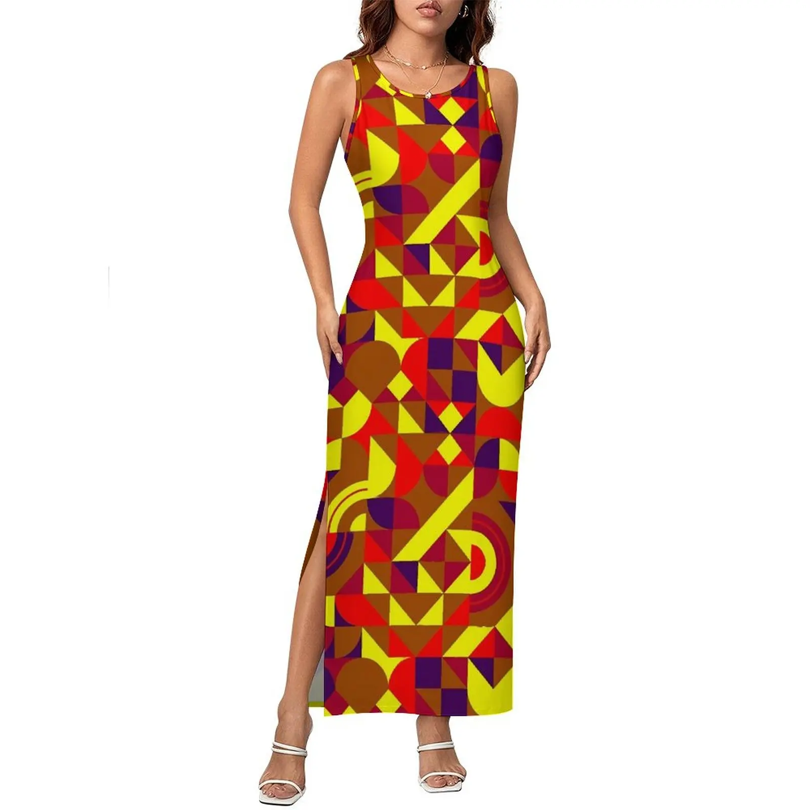 다채로운 지오 프린트 드레스 민소매 추상 기하학 캐주얼 Y2k 맥시 드레스 빈티지 Bodycon 드레스 여성 빅 사이즈 Vestidos