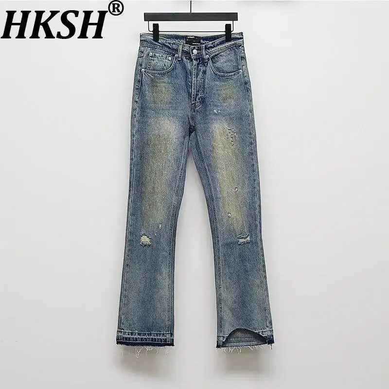 

HKSH весна осень новые мужские моющиеся поврежденные винтажные модные прямые джинсы нишевые шикарные повседневные брюки Ins HK9353