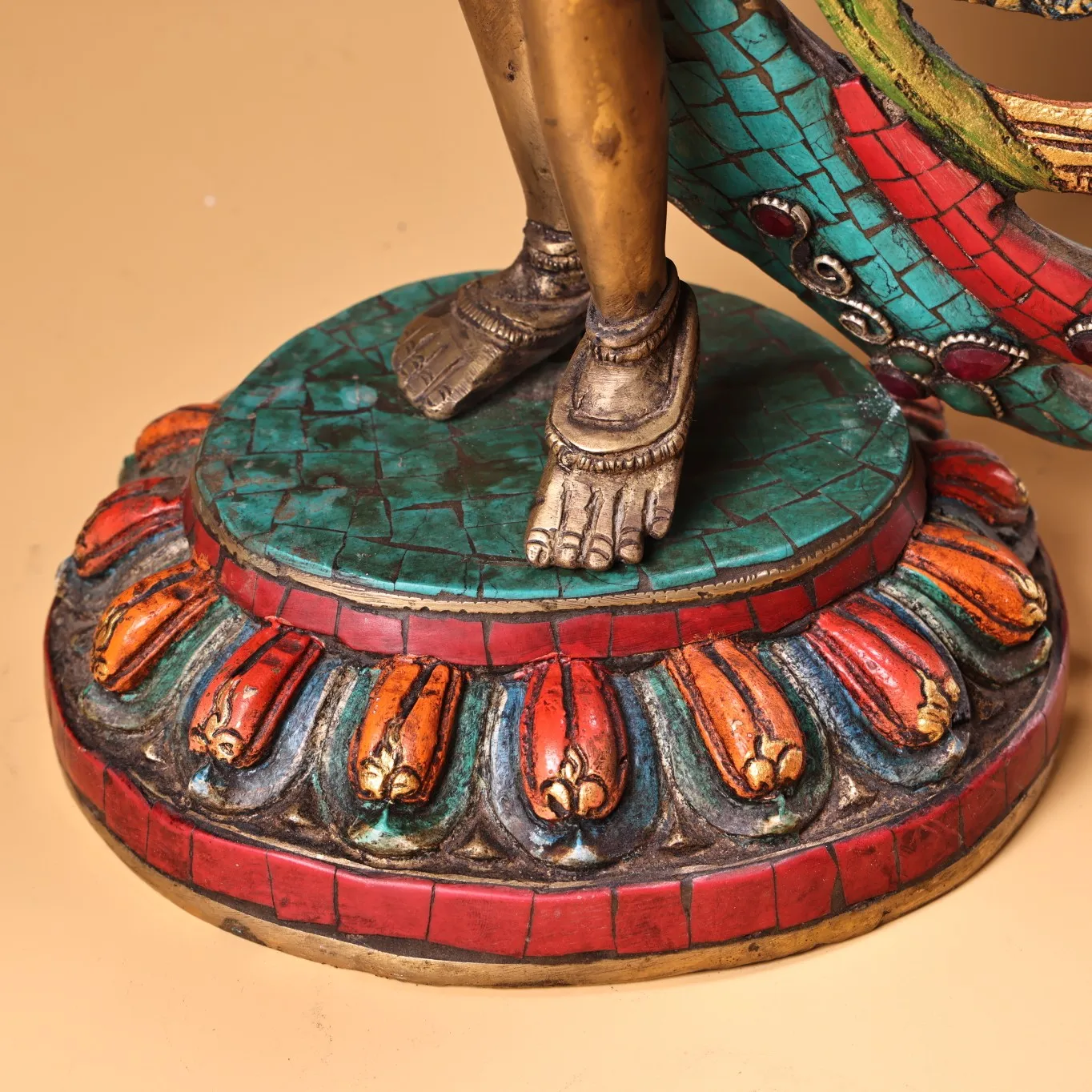 

15"Xizang Folk Collection Old Bronze Outline in gold Mosaic Gem Turquoise Dancing Tara Green Tara Lotus Terrace Buddha
