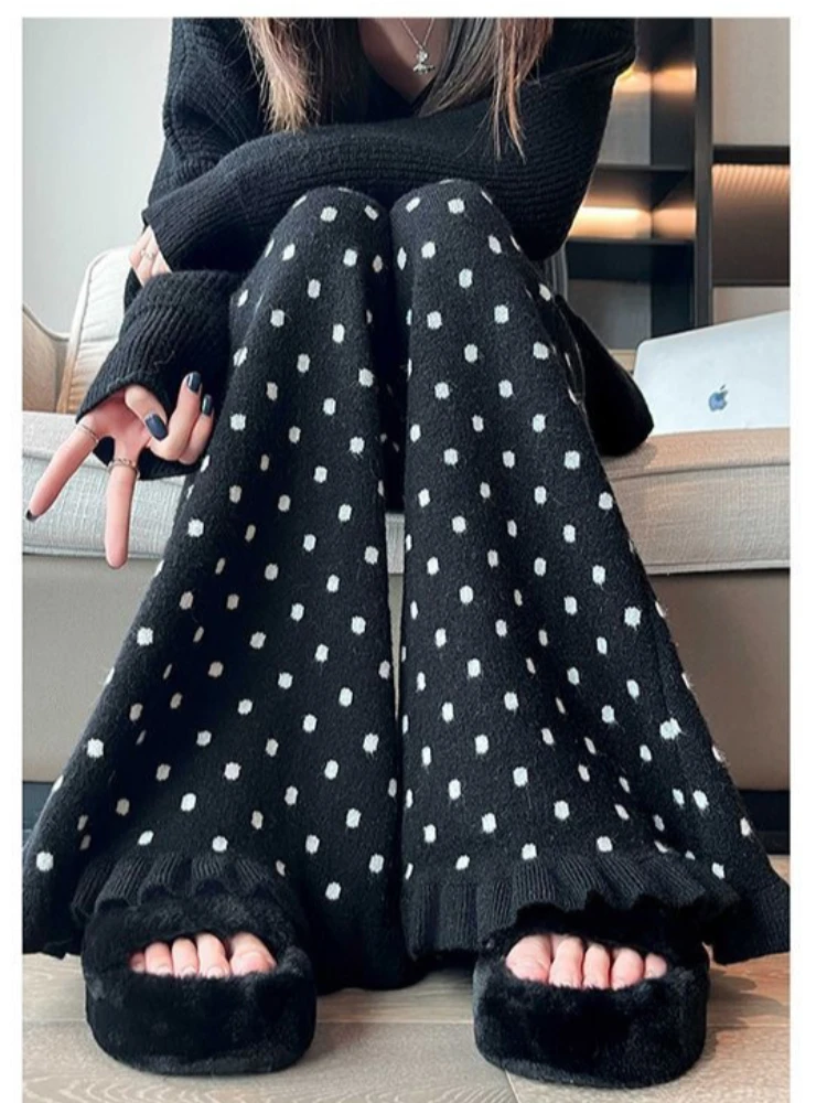 American style spicy girl polka dot knitted pants autumn/winter Y2K spicy girl high waisted wide leg mopping bell bottom pants