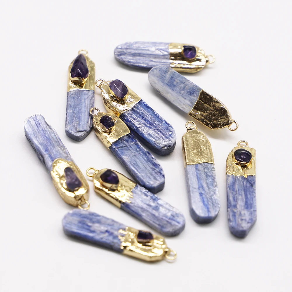 New Natural Stone Blue Kyanite Amethyst Pendants Charms Jewelry Plating Gold Side Raw Kyanite Nugget for Necklace DIY Findings