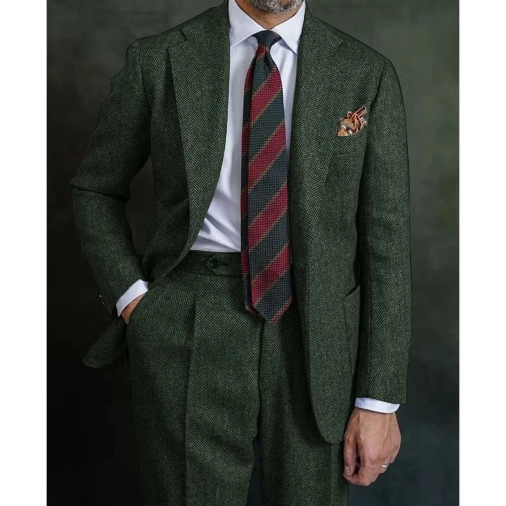Classic Business Herringbone Suits Men's Single Breasted jacket Pants 2 Pieces Groom Tuxedo Customized Man Tuxedos Prom Suit