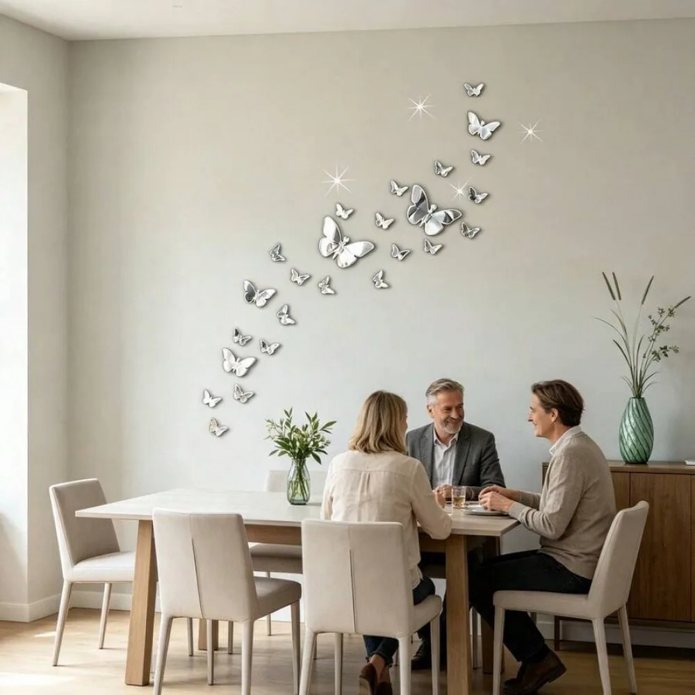 Removable Silver 3D Mirror Butterfly Wall Stickers, Custom Splicing DIY Wall Art Decals, 1 Pack,Set Includes 3 Sizes: Large 14*10 Cm, Medium 9*7.1 Cm, Small 5*3.5 Cm