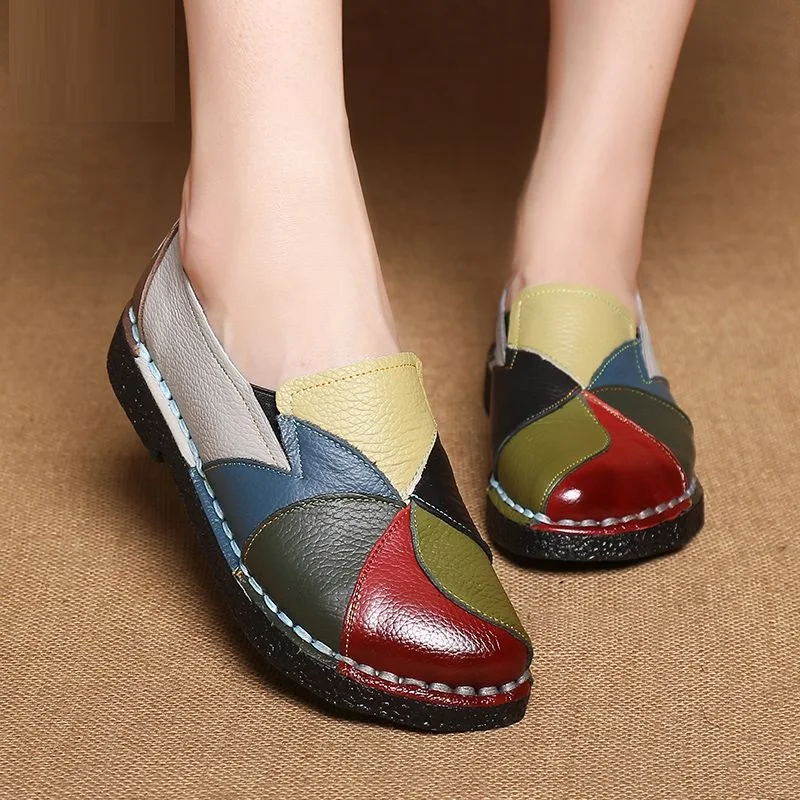 Designer Patches Ballet Flats For Women  Luxury Vintage Shoes Big Size 42 Women's Genuine Leather Moccasins Mom Rainbow Loafers