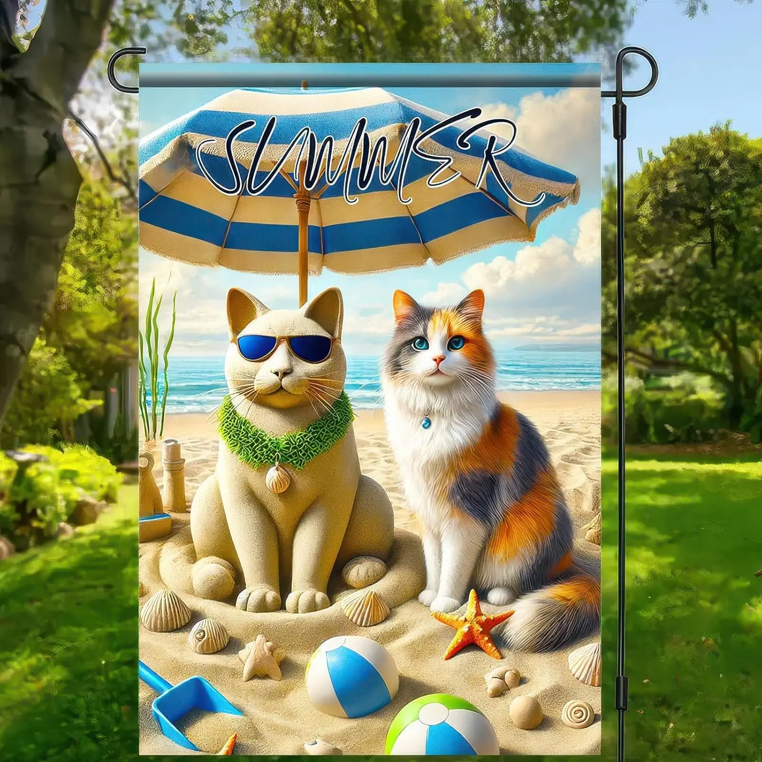 Welcome Summer Cat Garden Flag Beach Cat Flag 12×18 Inch Double Sided Vertical Summer Coastal Seasonal Tropical Ocean Farmho SSL