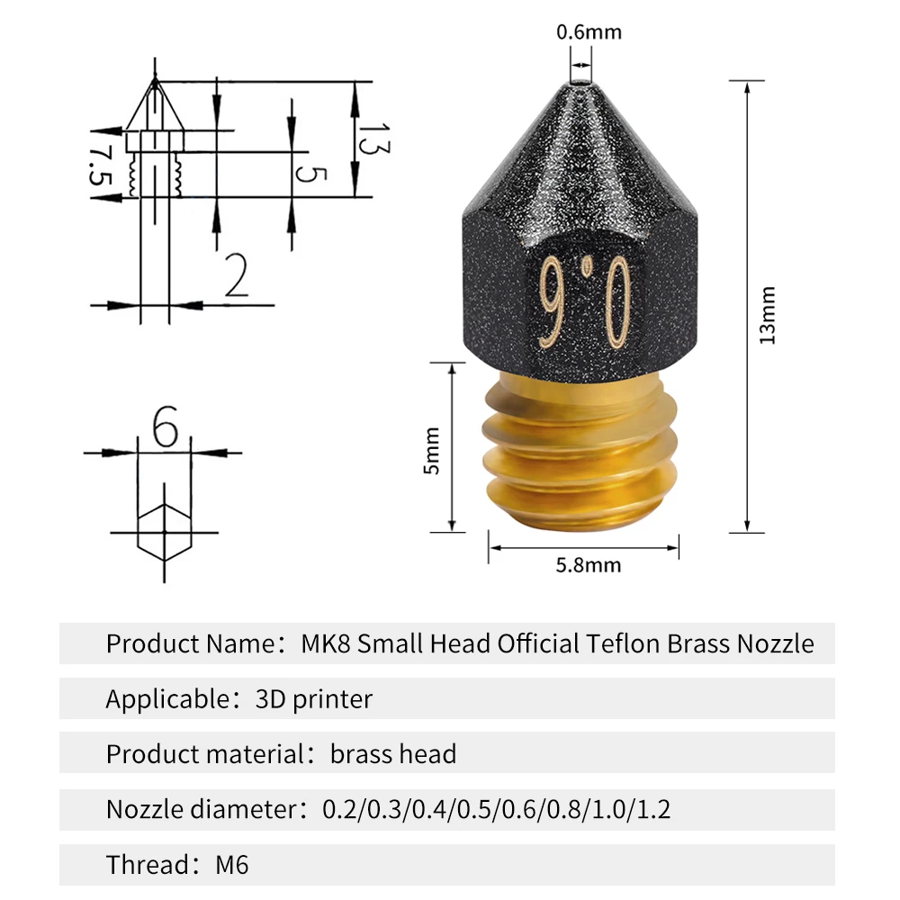 2pcs MK8 Nozzles 3D Printer Parts Brass PTFE Plated E3D V6 Volcano Nozzle For 1.75mm Filament For Ender 3 CR10 Vyper Kobra Max