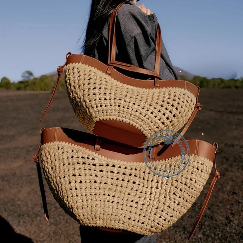 Hollow-out Raffia and Pu Leather Beach Bag Summer Casual Beach Bucket Bag Large Capacity Straw Beach Tote Handbags