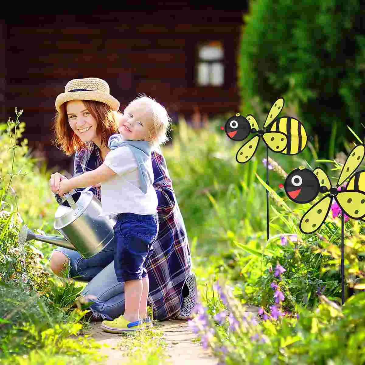 2PCS Bee Windmill Toy Yellow Insect Shape Fabric Set Garden Home Decor Kids Playthings Portable Bright Colors Outdoor