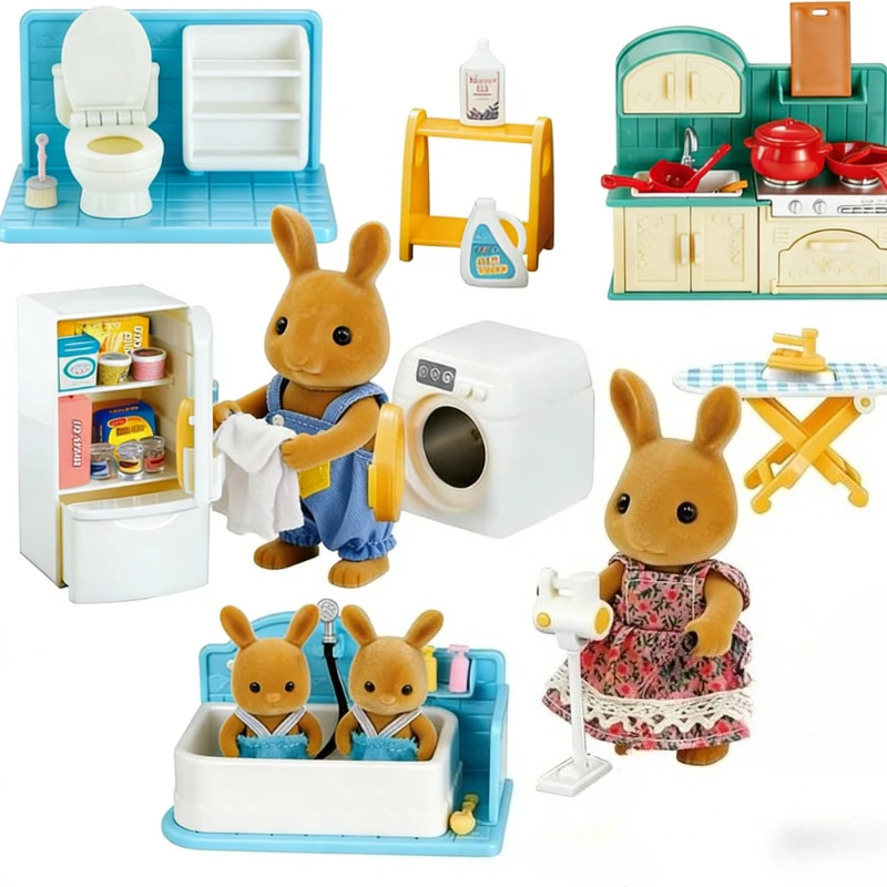 1:12 Dollhouse Miniature Furniture Set Mini Fridge Stove Sink Toilet Washing Machine Dining Table Chair Pretend Play Accessory