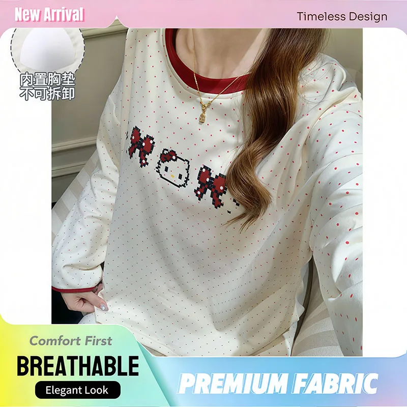 

Sanrio Hello Kitty Women's Pajamas Set Long Sleeve Loose Fit Cartoon Spring Autumn Student Home Cozy Comfy Sleepwear Loungewear