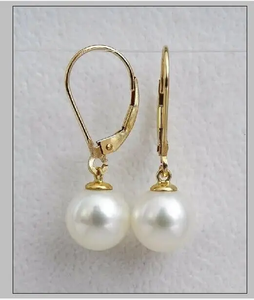 

Genuine AAA 8-9mm Round Natural South Sea White Pearl Earring 14Kp Yellow Gold