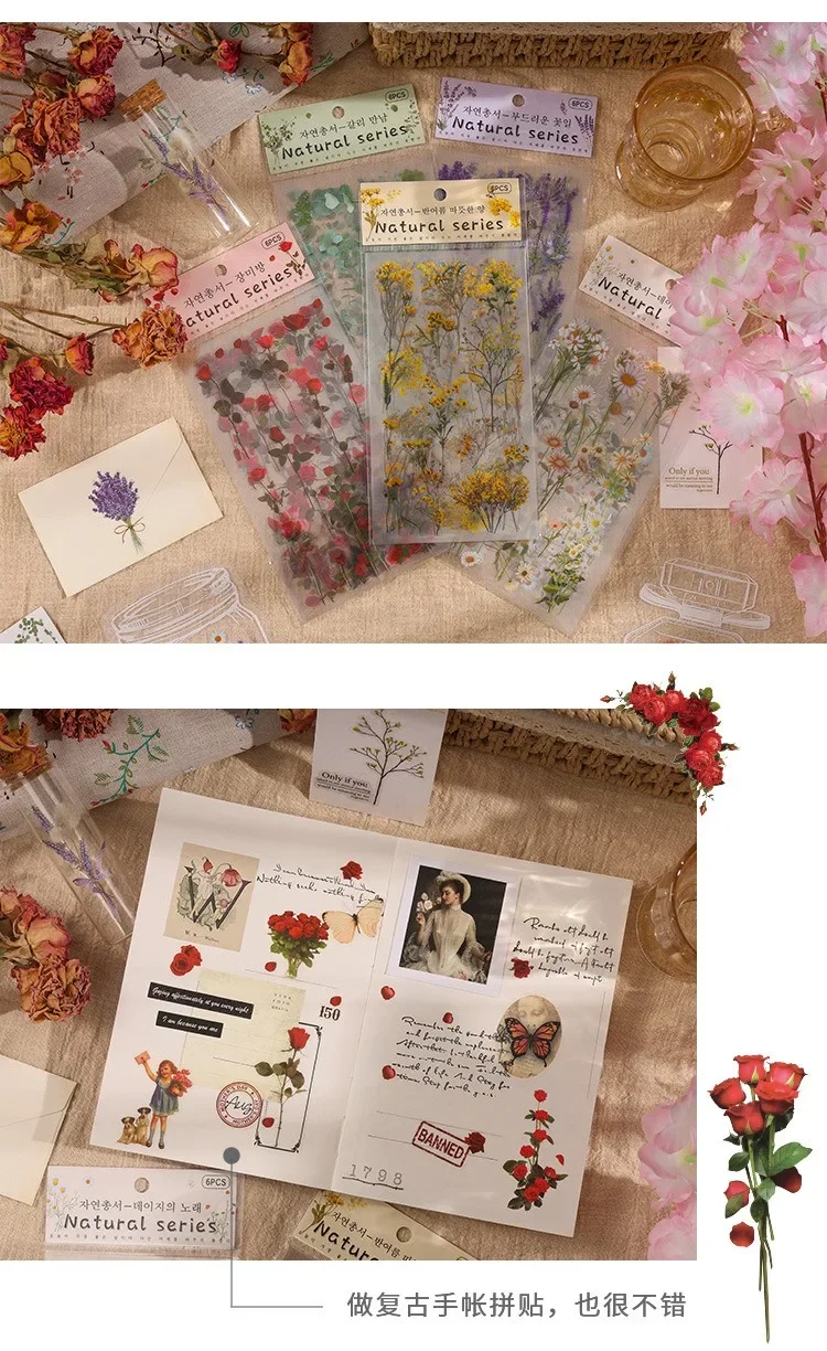 6pcs/pack Transparent PET Stickers Scrapbooking Materials DIY Junk Journal Collage Floral Leaves Plants Decor Stickers