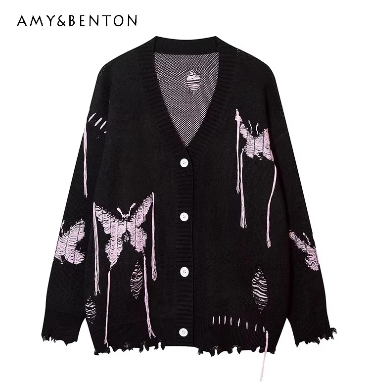 

Spring and Autumn New American Retro Style Women's Butterfly Embroidery Black and Gray Loose Casual V-neck Cardigan Sweater