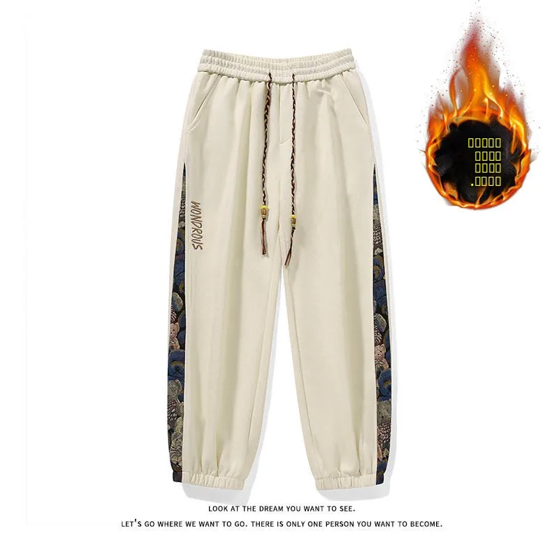 

Мужские молодежные модные утепленные спортивные брюки с вышивкой медведя, на флисовой подкладке, с нашивками-буквами, прямого кроя, повседневные