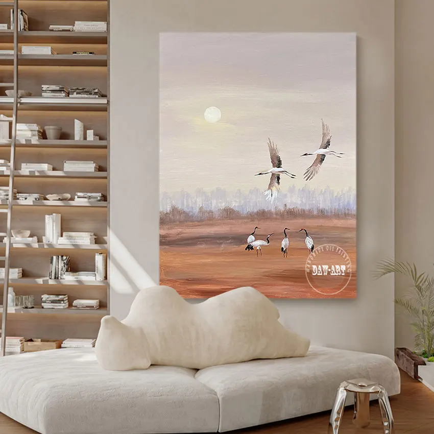 

Unframed Wall Art Abstract Natural Pictures Wall Red-crowned Crane Scenery Hand-painting Canvas Roll Artwork For Outdoor Decor