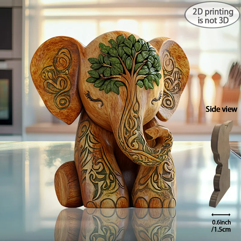 Estatua de elefante de madera hecha a mano estilo bohemio, plana, 2D, 8x7,08 pulgadas, con diseño de árbol para decoración del hogar y la Oficina, No necesita montaje, 1 ud.