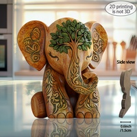 2D Flat 1pc Boho Style Handmade Wooden Elephant Statue 8x7.08 Inches with Tree Design for Home Office Decor No Assembly Needed