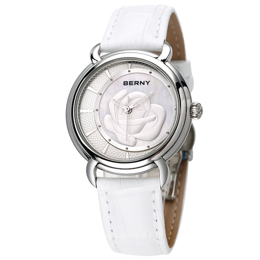 BERNY Luxury Women Quartz Watch Leather Strap Elegant Female Design Flower Waterpoof Fashion Diamond Watch for Ladies Wristwatch