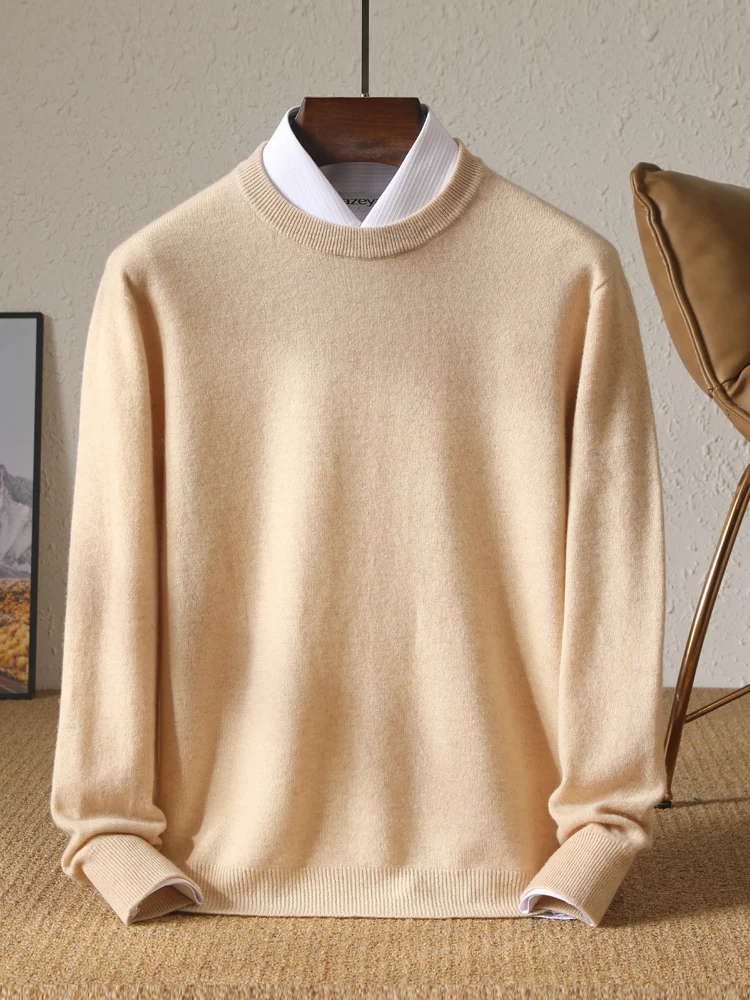 Chic Autumn Soft Warm Knitwear Fashion O-Neck Business Sweater 100% Merino Wool Casual Loose Solid Color Basic Tops