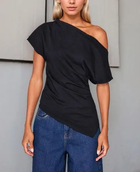 

Women's T-Shirt 2026 Summer New French Elegant Style Black Simple Slant Neck Off Shoulder Irregular Design Short Sleeve T-Shirt