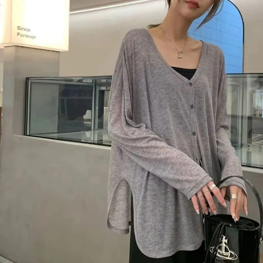 

Long Sleeve Top Solid Women Summer Y2K T Shirts Button Korean Style Simple Tshirt Casual Loose Fashion Tees Streetwear Clothes
