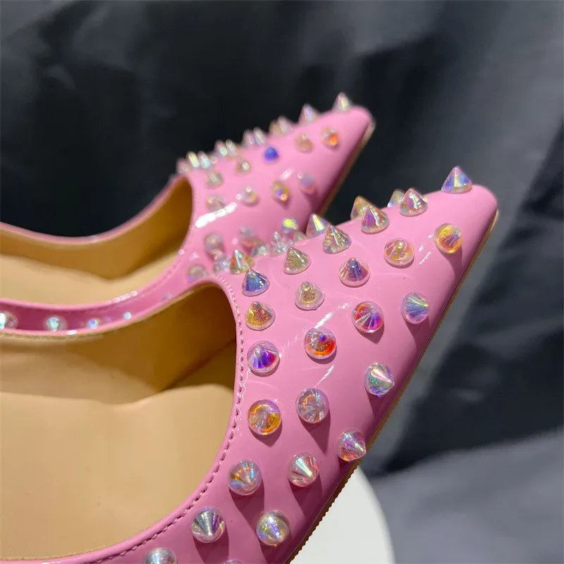 Heelgoo Shiny Spikes Women Patent Pink Pointy Toe Sexy High Heel Party Shoes Rivets Studs Ladies Slip On Stiletto Pumps 8-12cm