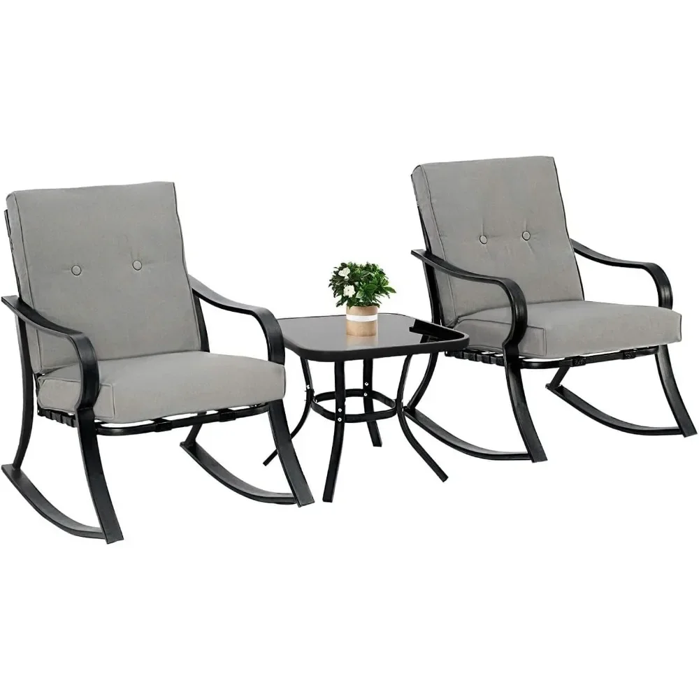 Outdoor Furniture 3 Piece Conversation Bistro Set Rocking Chairs and Glass Top Table, Thick Cushions, Black Steel (Grey)