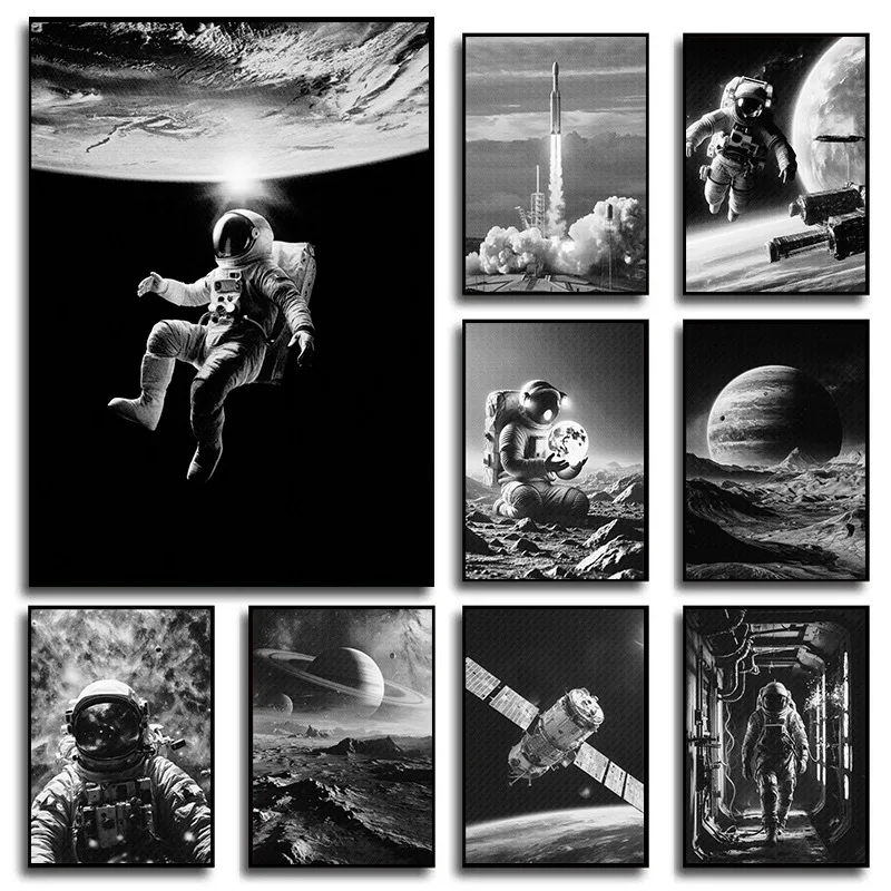 NASA Retro Space Canvas Print Wall Art Vintage Astronaut Rocket Space Station Planets Poster for Living Room Home Office Decor