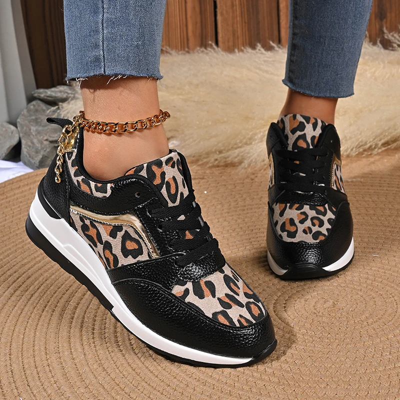 2025 Plus Size Leopard Print Sneakers Women Pu Leather Platform Sneaker Shoes Woman Comfortable Non Slip Lace Up Shoes Female