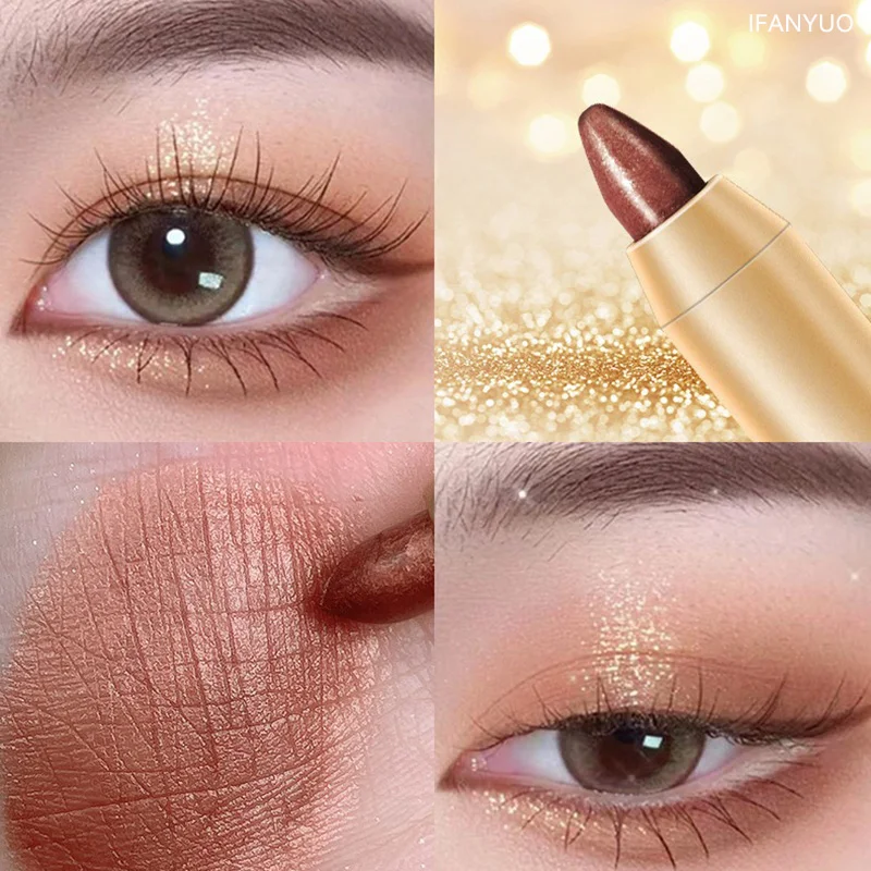 Bâton de fard à paupières à paillettes Double face, surligneur scintillant, stylo d'ombre à paupières mat, maquillage éclaircissant, ver à soie, Eyeliner Champagne or