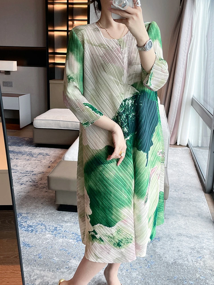 GVUW Pleated Print Dress Women Round Collar Full Sleeve Fashion Casual New 2024 Elegant Lady Evening Party Dresses 17G7730