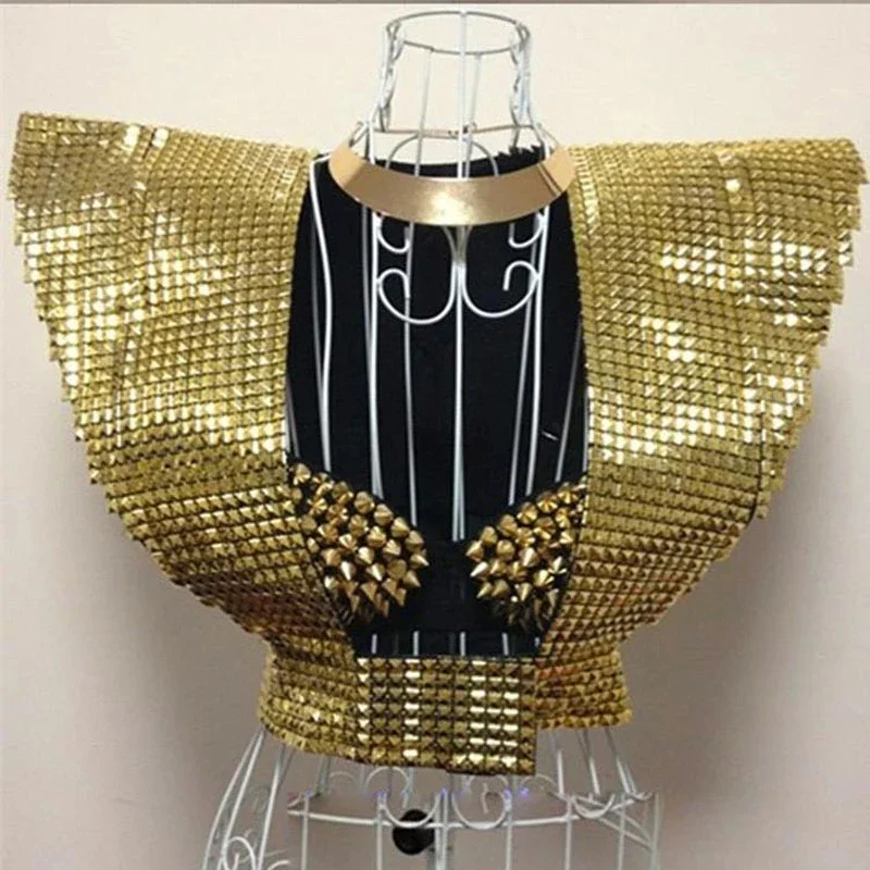 

Silver/Gold Rivet Fly Shoulder Vest Singer Dancer Stage Costume Punk Party Rave Outfit Nightclub Gogo Pole Dance Clothes VDB5943