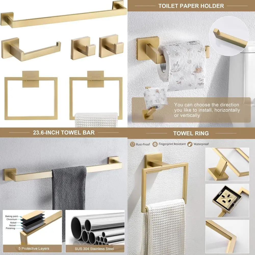 

6-Piece Brushed Gold Bathroom Accessory Set: 23.6 Towel Bar, Stainless Steel Ring, Hooks, and Toilet Paper Holder