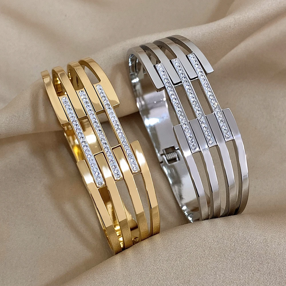 Lifefontier Exquisite Zircon Stainless Steel Bracelets For Women Gold Color Irregular Line Rhinestone Wrist Bangles Jewelry