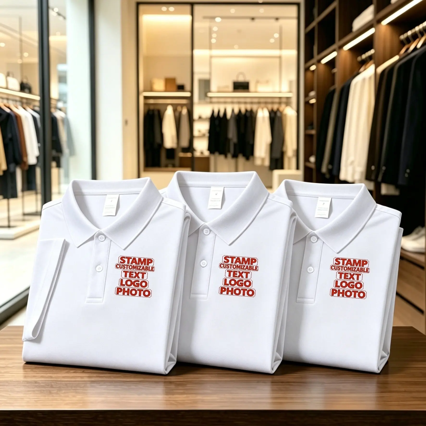 3-piece custom polo shirts, custom corporate team-building promo T-shirts, personalized printed logos, text, and photos