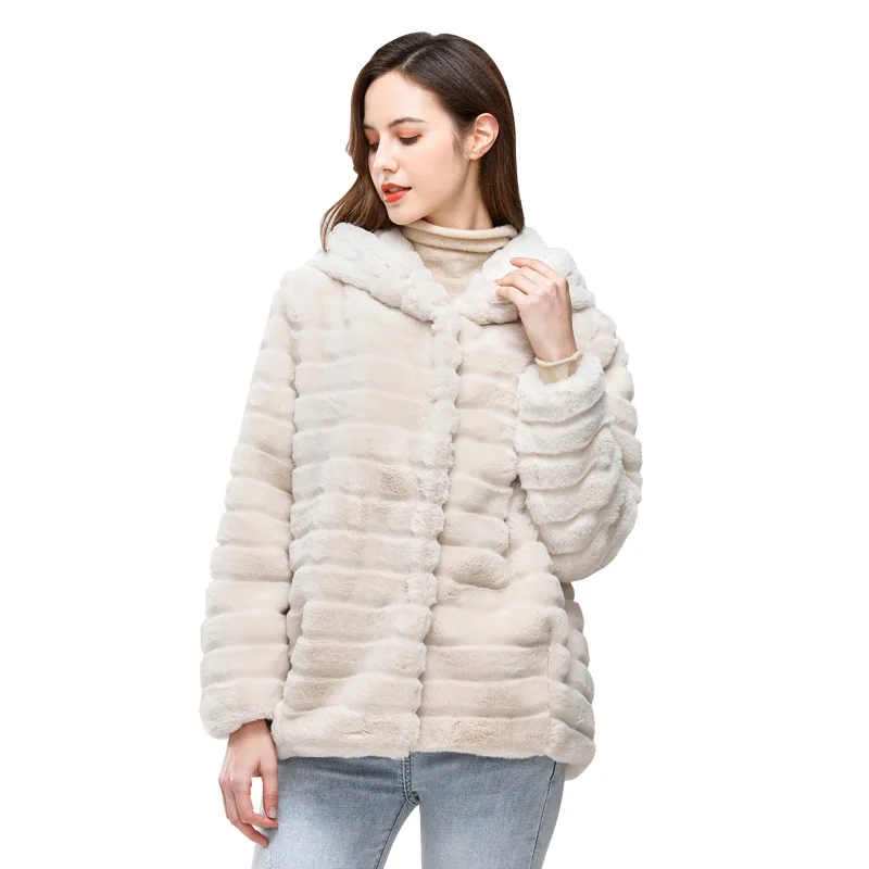 2024 New Imitation Faux Fur Women\'s Hooded Casual Loose Warm Coat Female Fashion Jacket Thick Warm Snow Slim Girls Outerwear