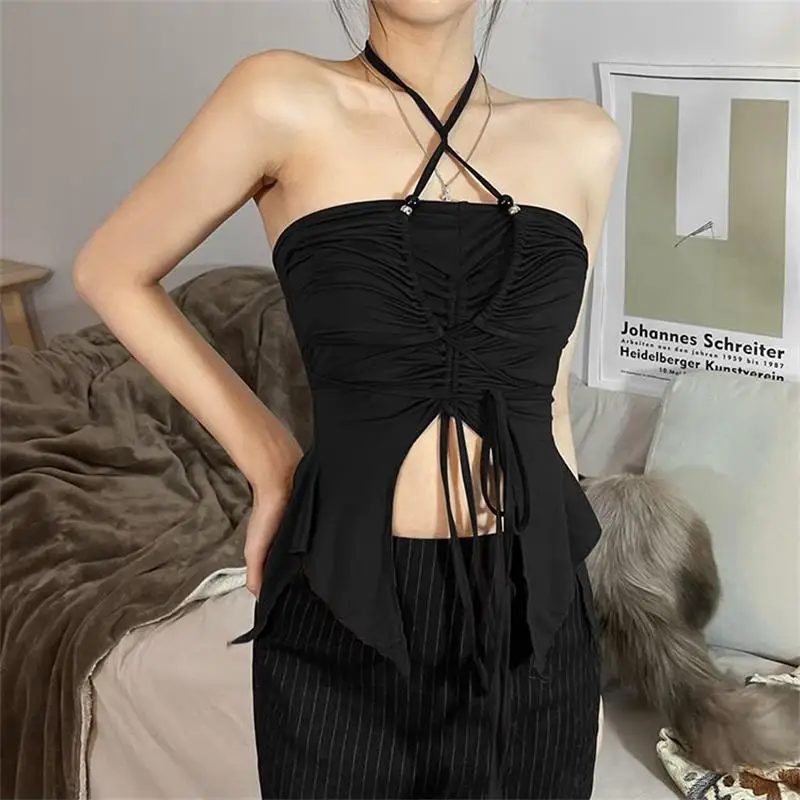 Sleeveless Halter Camisole Top Summer New French Slim Crop Vest For Women Sexy Drawstring Tank Tops