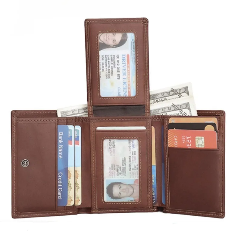 

Кожаный кошелек в стиле ретро, мужской RFID-защита, короткий тройной кошелек с несколькими картами, сумка для монет
